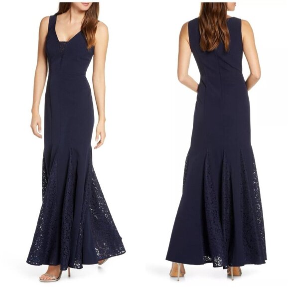 Eliza J Navy Blue Laguna Lace Inset Trumpet Crepe Gown Size 10 $208 - Picture 1 of 12
